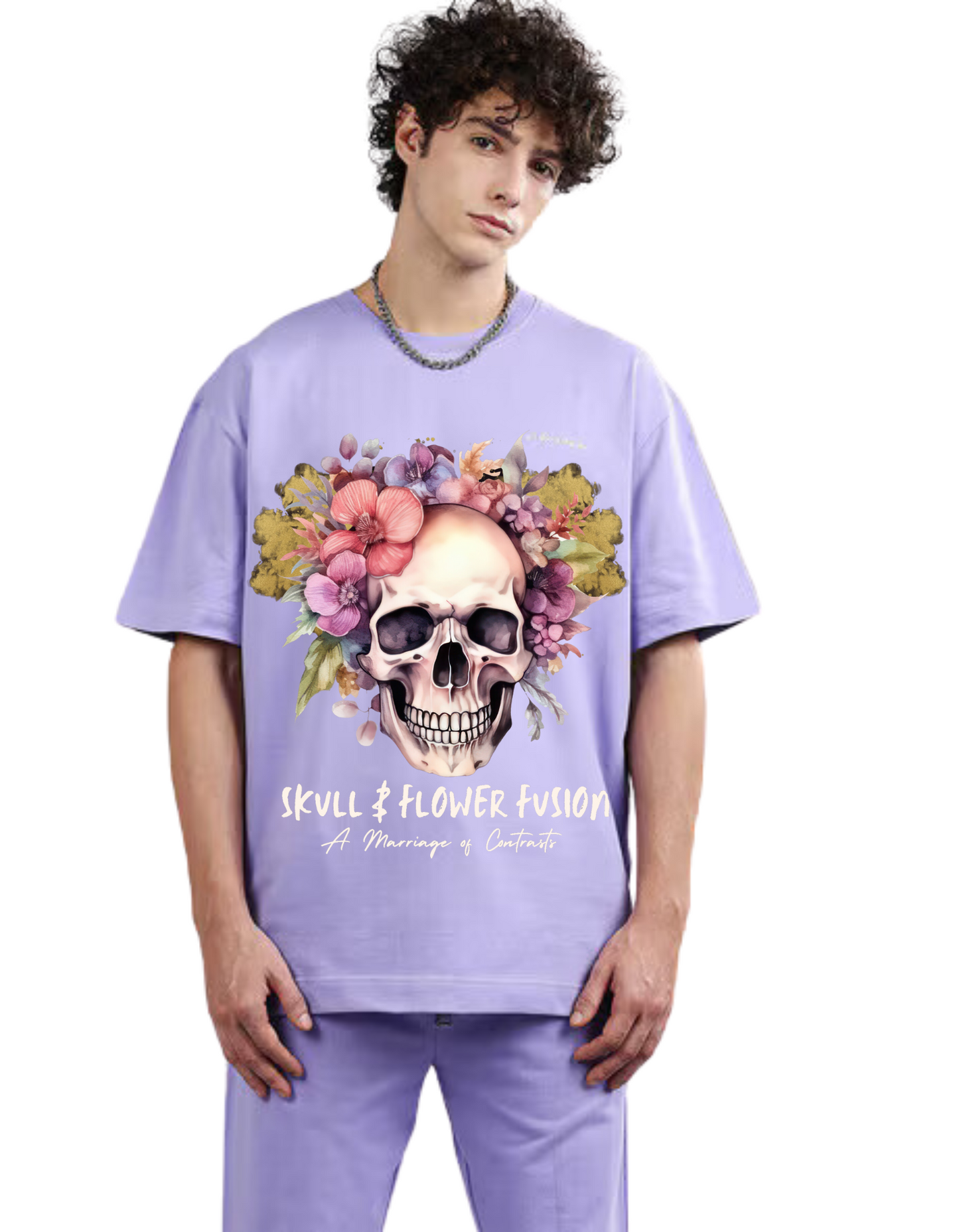 Neaks Purple & Pink Creative Skull And Flower Over Size T-Shirt(Shipping Free)