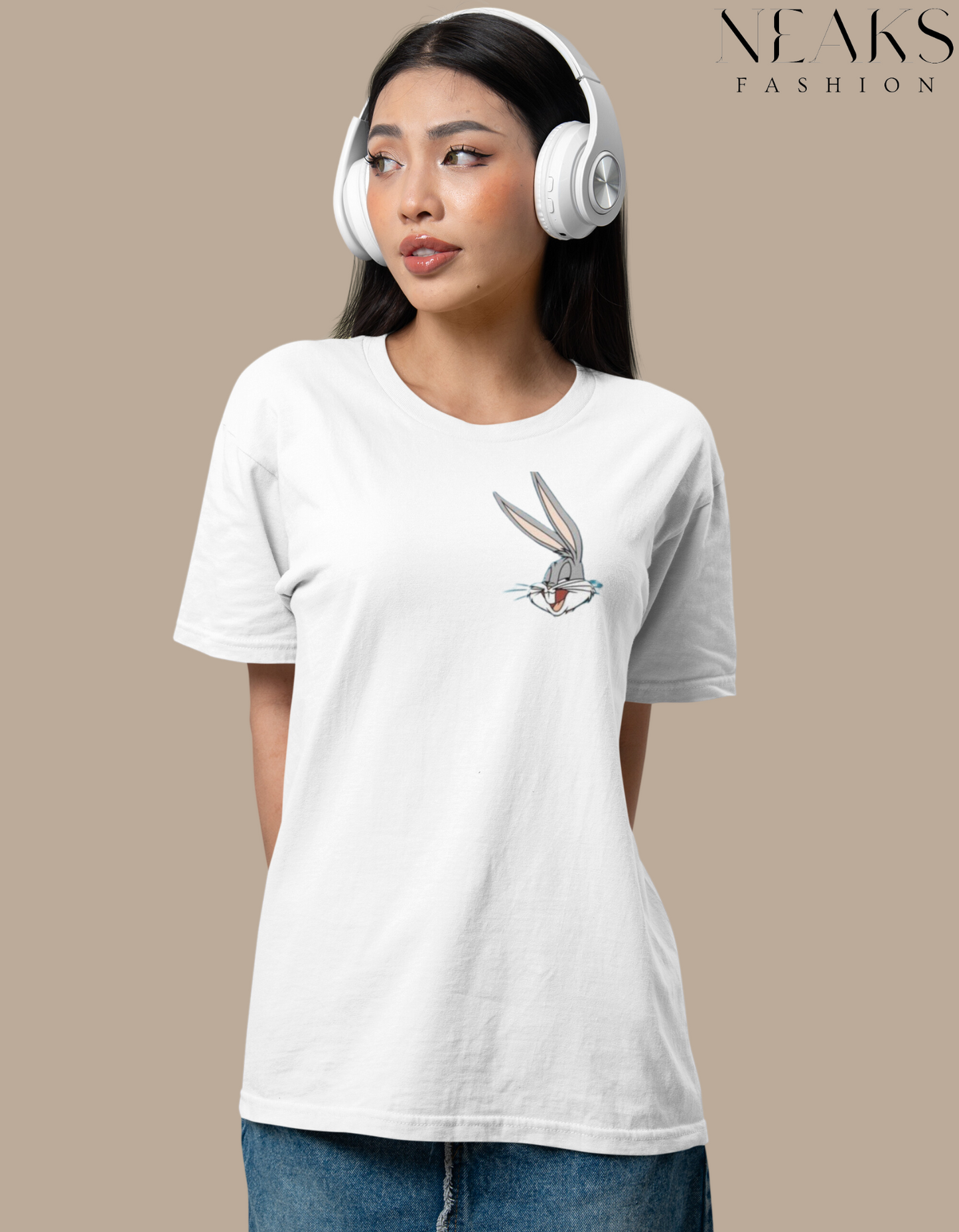 Neaks Women White Round Neck Bugs Bunny Graphic Print Pure Cotton Slim Fit T-shirt(Shipping Free)